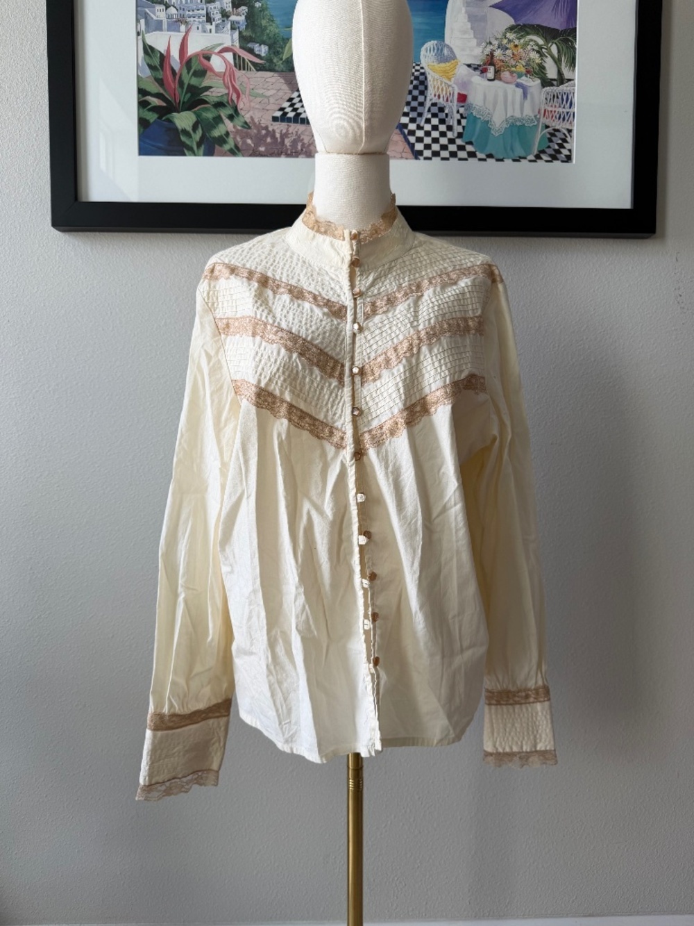 VTG Old Navy Cotton Lace Chevron High Neck Cottagecore Button Up STUNNING XXL